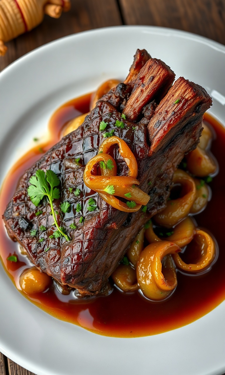 Costela bovina macia desmanchando no garfo, coberta por cebolas caramelizadas e cheiro-verde, servida em prato branco com caldo encorpado
