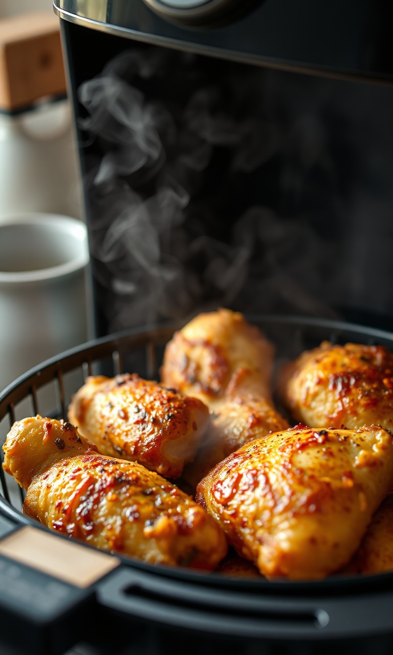 Coxas de frango douradas com pele crocante saindo da airfryer