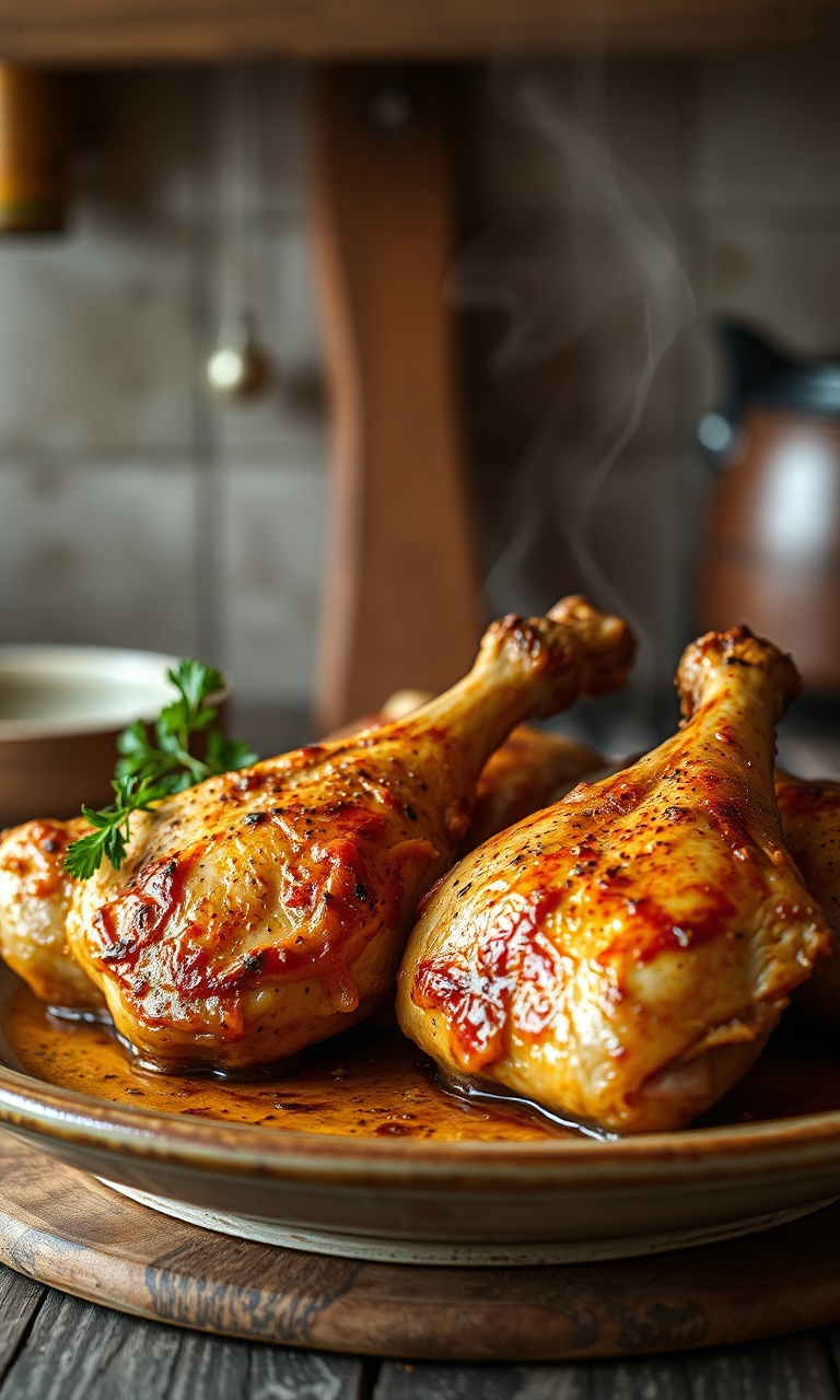 Frango assado com pele dourada e crocante, suculento e perfeitamente temperado, pronto para servir.