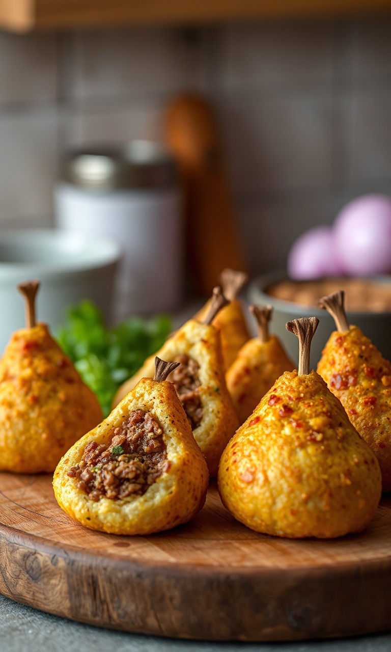 Coxinhas douradas e crocantes com formato de gota, abertas para revelar o recheio de carne moída.
