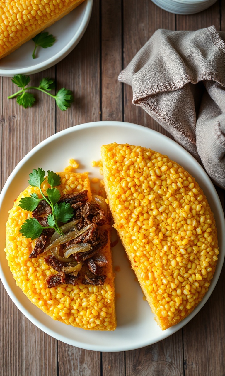 Cuscuz de milho dourado desenformado em prato branco, recheado com carne seca desfiada e cebola dourada, finalizado com salsinha.