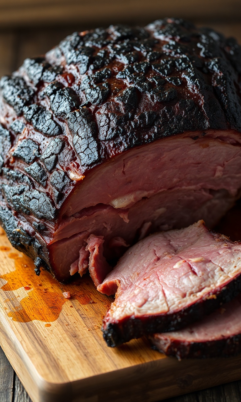 Pernil de porco defumado inteiro com crosta escura craquelada, parcialmente desfiado em tábua de madeira rústica