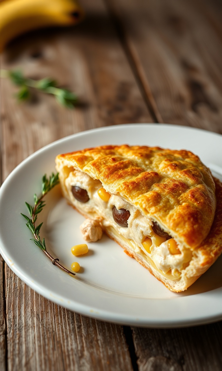 Fatia generosa de empadão de frango com recheio cremoso, milho e azeitonas, massa dourada e crocante