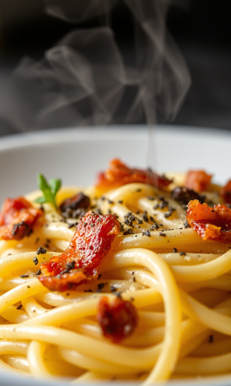 Prato de espaguete à carbonara cremoso com bacon