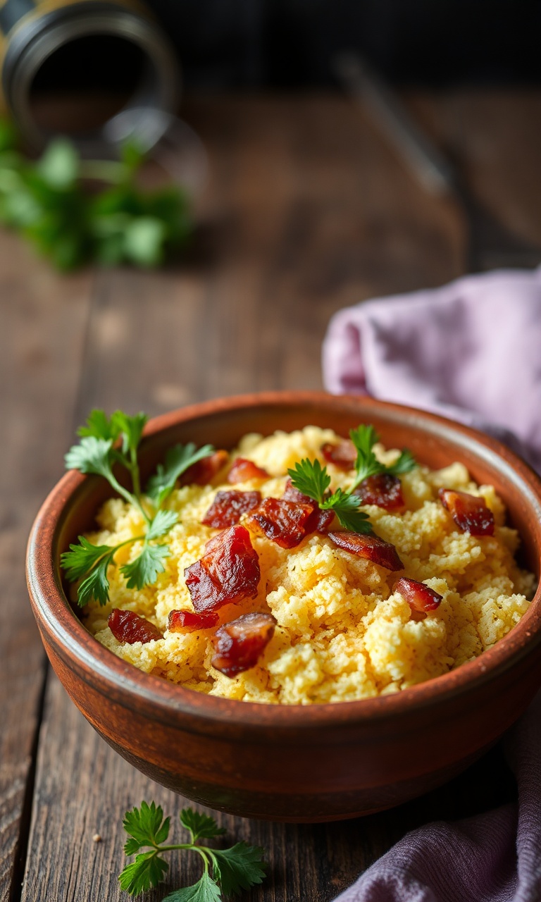 Tigela de barro com farofa dourada e granulada com bacon crocante e salsinha fresca