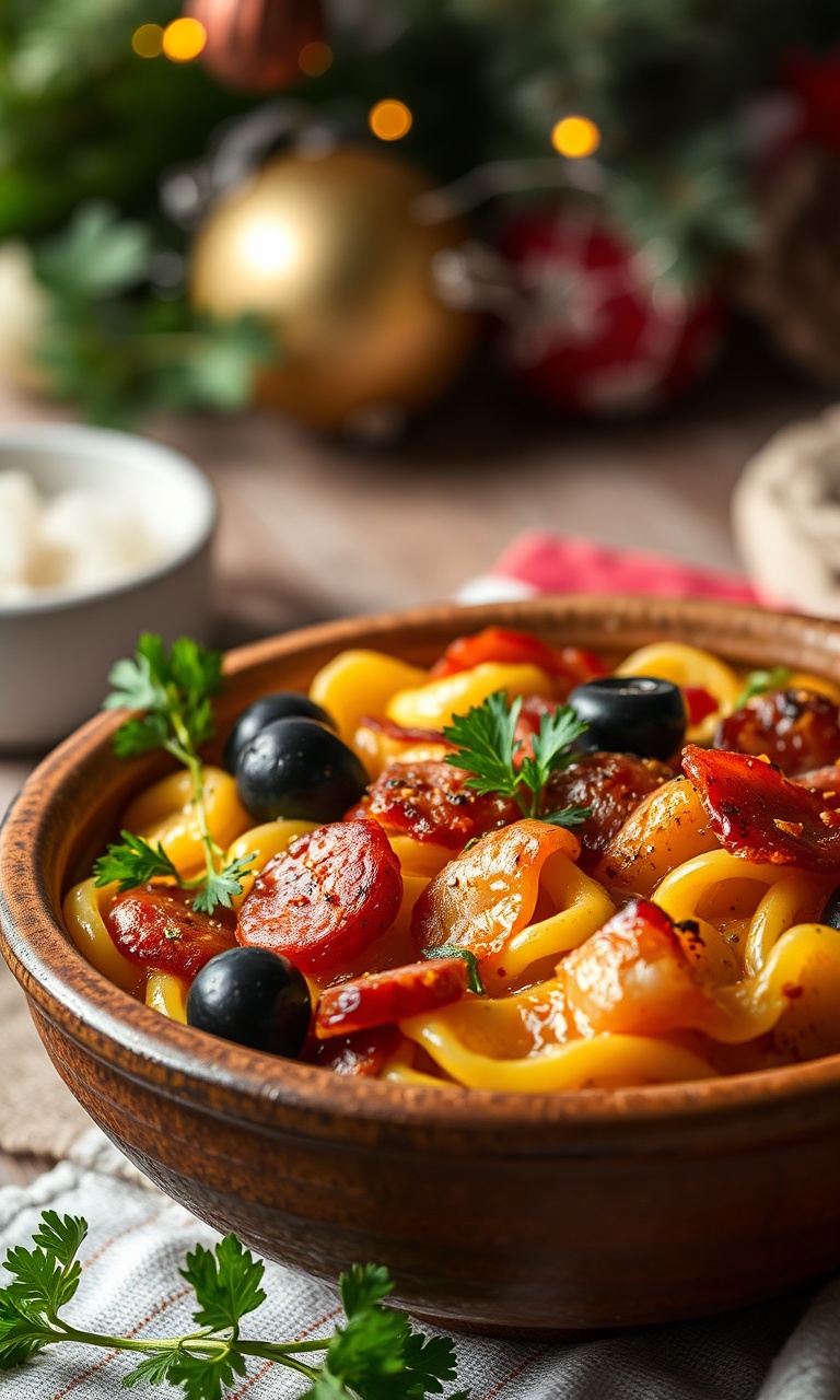 Farofa de Natal dourada e soltinha em tigela de cerâmica rústica com pedaços de bacon e linguiça.