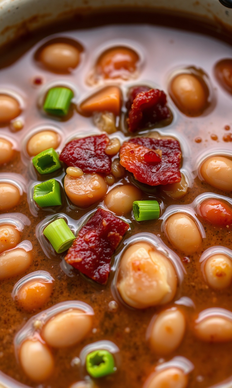 Prato de feijão carioca com caldo grosso e pedaços de bacon