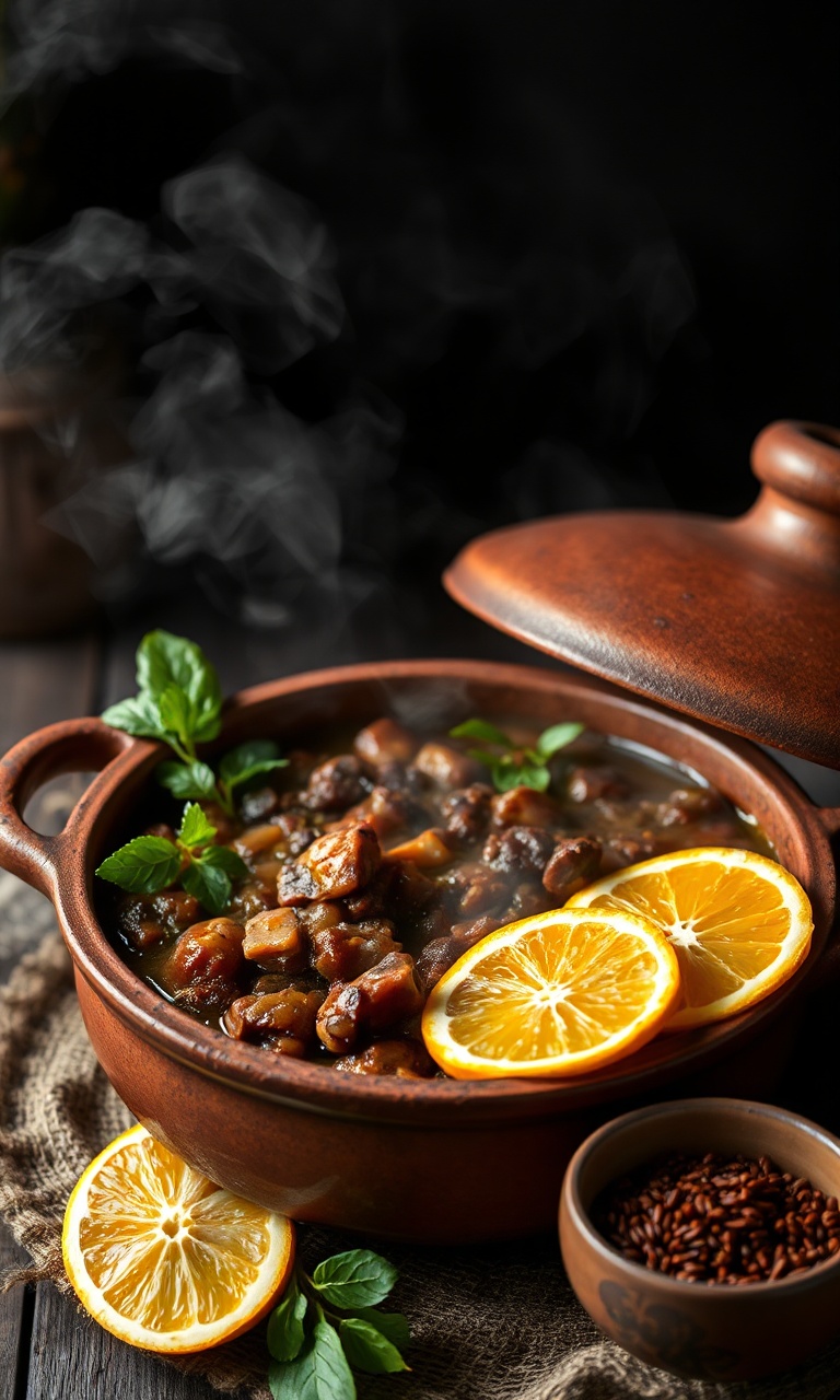 Caldeirão de barro com feijoada suculenta e fumaça saindo