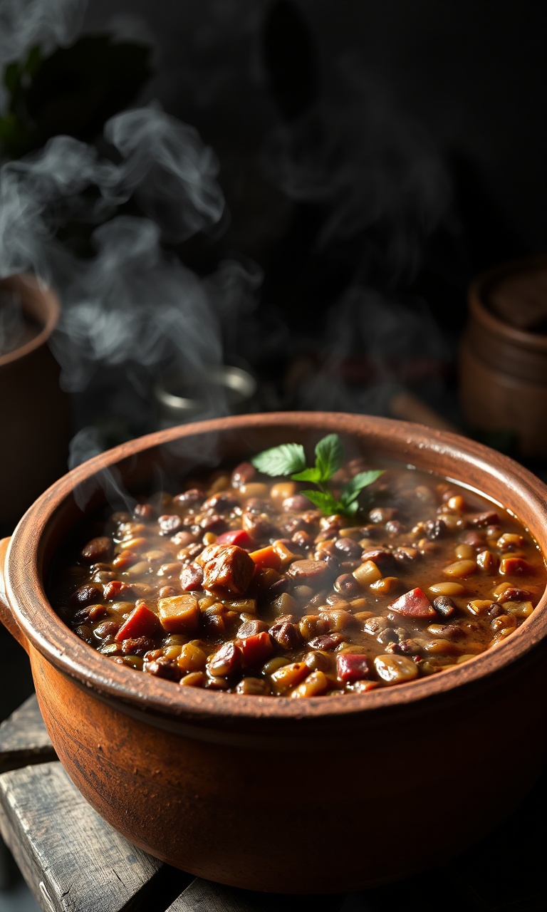 Caldeirão de barro rústico servindo uma feijoada farta e suculenta