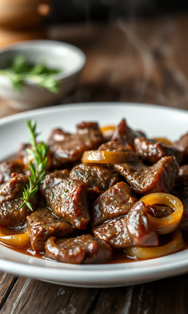 Tiras de fígado de boi douradas e macias, cobertas com cebolas caramelizadas em um prato branco.