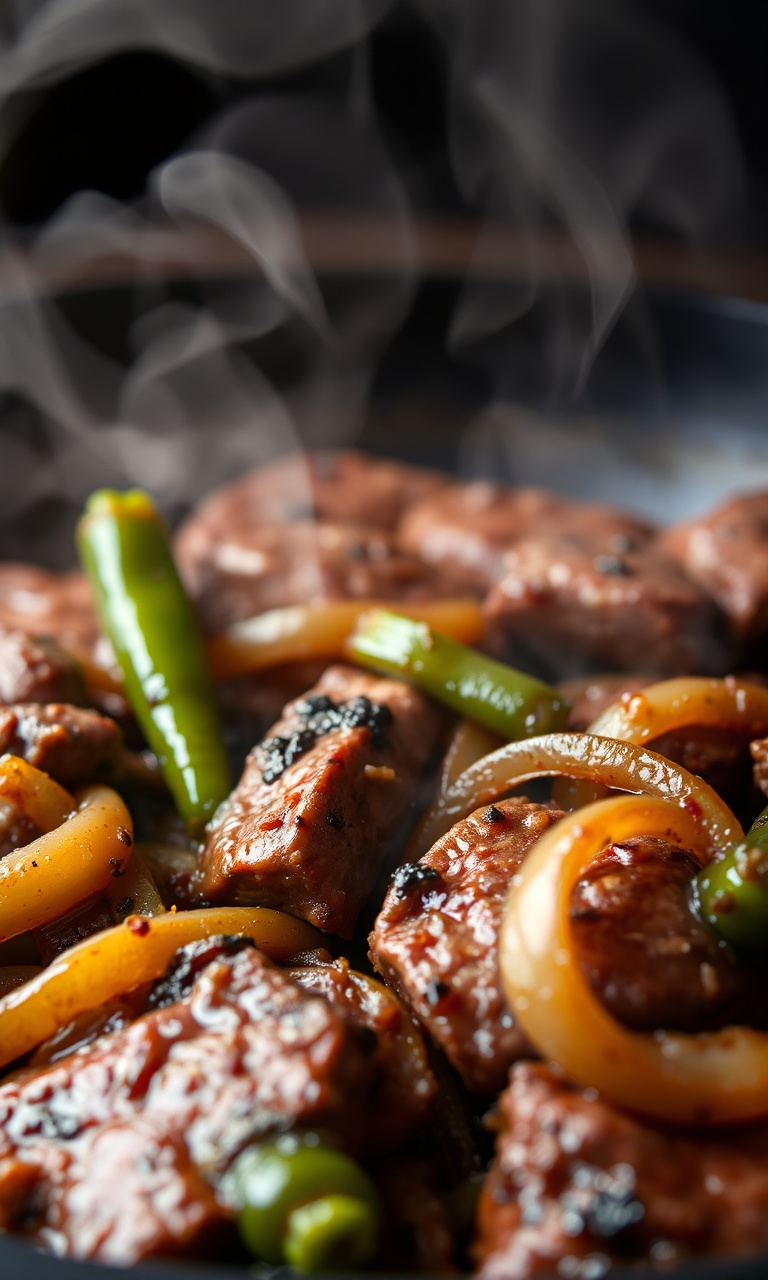 Tiras de fígado seladas com cebolas e vegetais