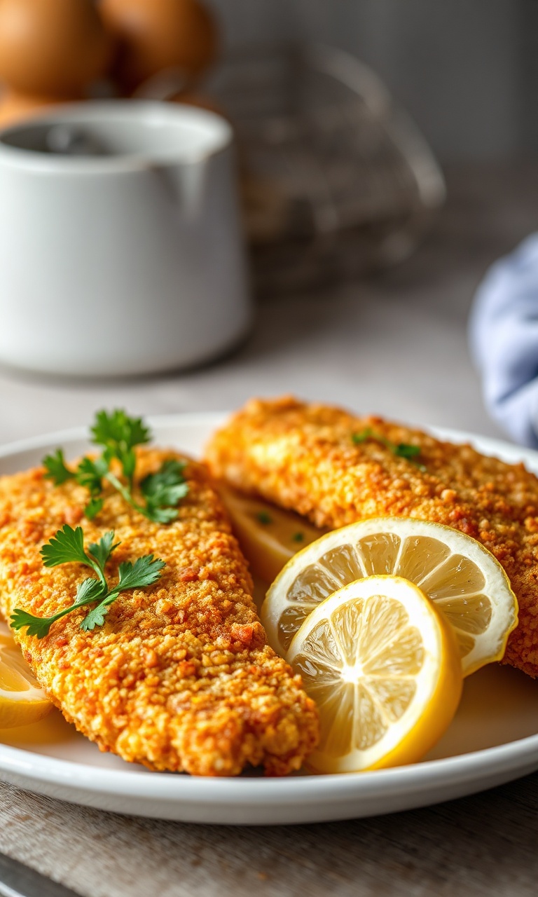 Filés de merluza com casquinha dourada e crocante, servidos em um prato branco com fatias de limão e salsa fresca.