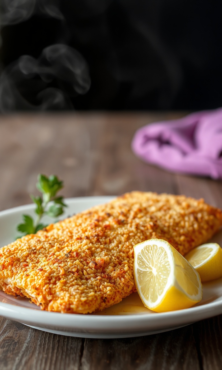 Filé de merluza com crosta dourada e uniforme de panko, servido com limão fresco.