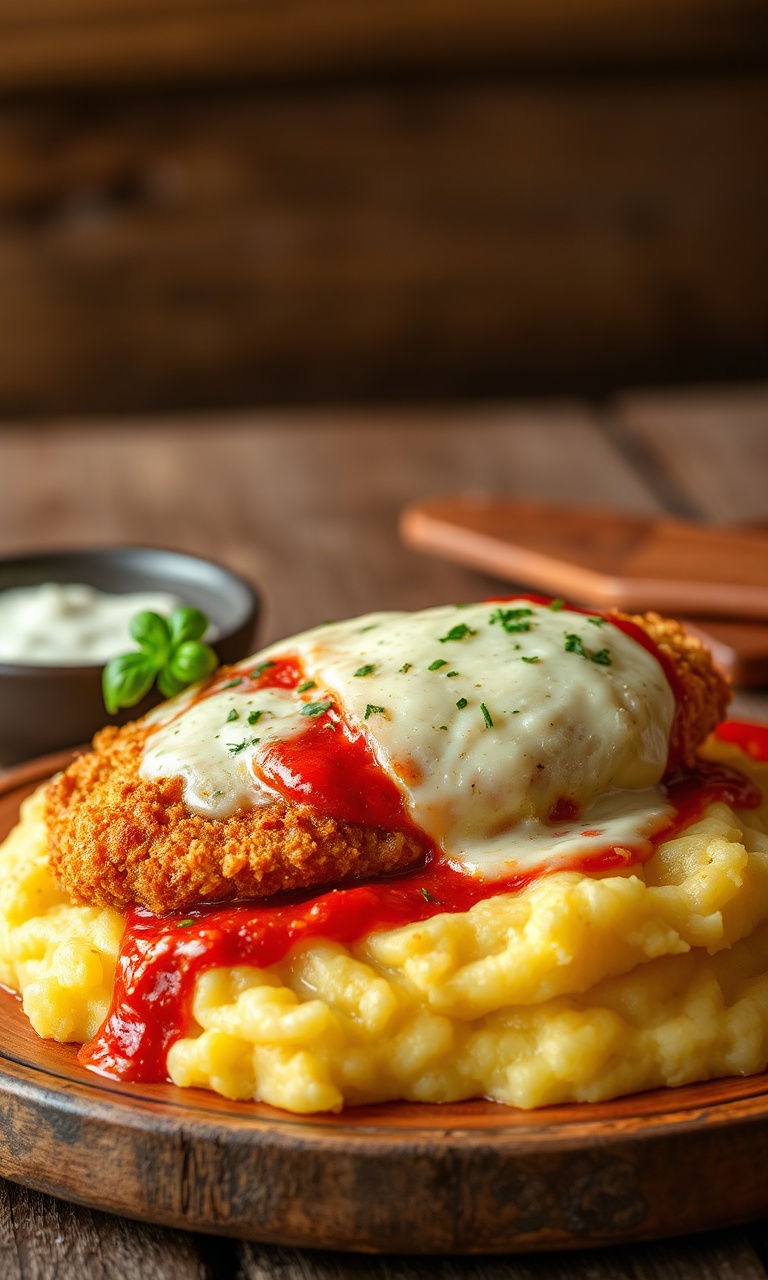 Frango à parmegiana com purê cremoso de batatas na base, queijo gratinado borbulhante