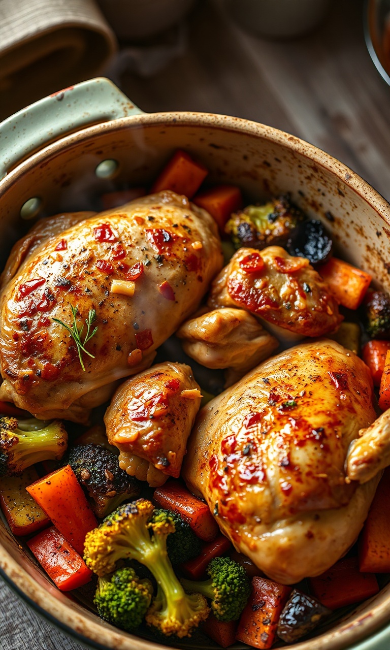 Frango dourado com pele crocante sobre legumes vibrantes e aromáticos.