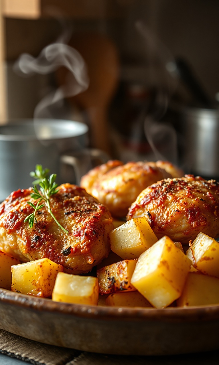 Coxas de frango douradas com batatas cubos crocantes em prato rustico