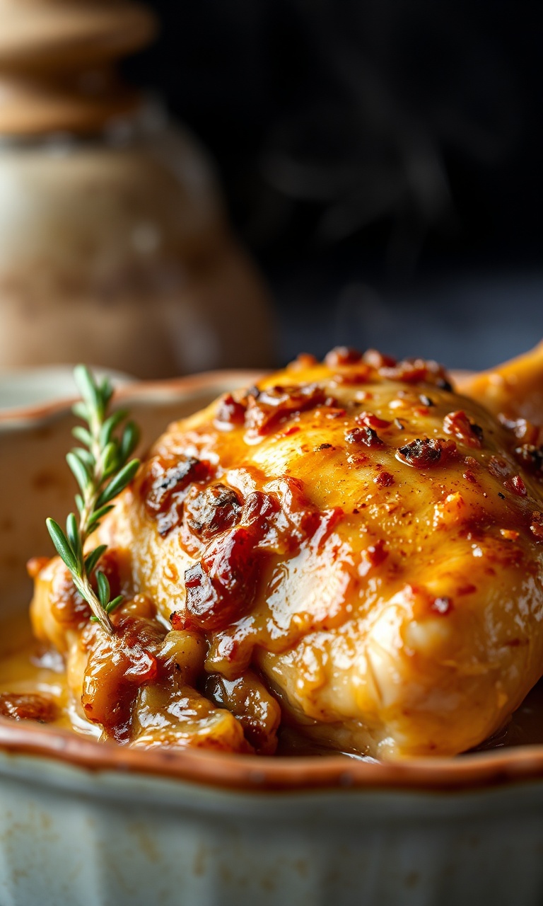 Frango com creme de cebola no forno, com a pele dourada e crocante.