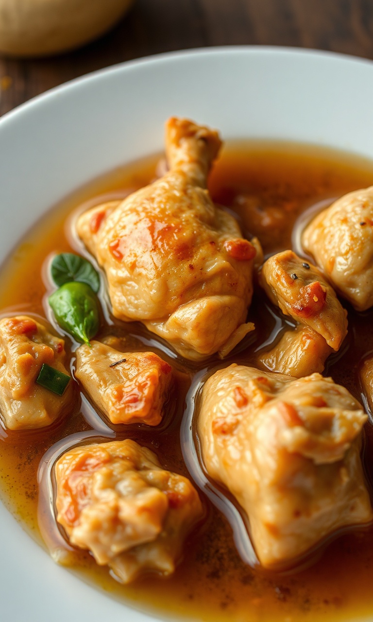 Pedaços de frango macios e dourados, servidos em um prato com caldo saboroso.
