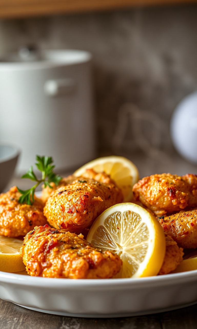 Sassami de frango com crosta dourada e textura estaladiça, servido em prato branco com fatias de limão.