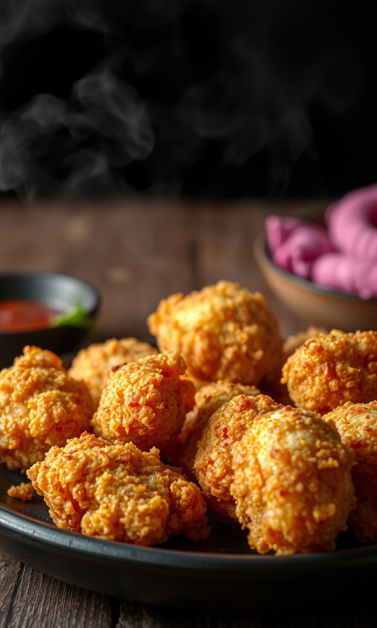 Pedaços de frango com casca dourada e estalante, servidos com molho agridoce em tigela.