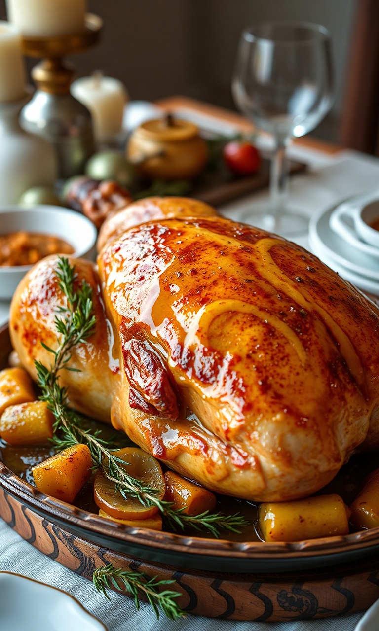 Frango inteiro dourado com crosta brilhante de mel e mostarda, recheado e pronto para a ceia de Natal.