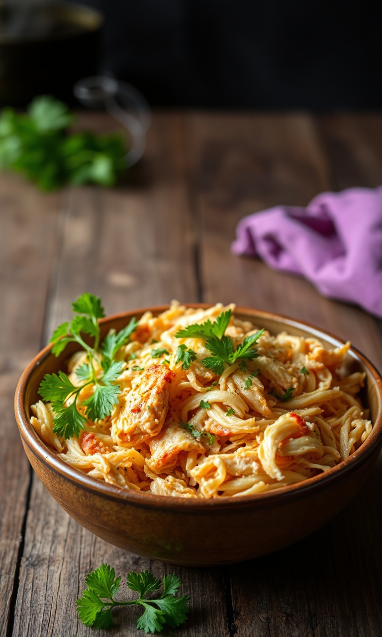 Tigela generosa de frango desfiado macio com fios soltos e dourados, finalizado com folhas frescas de salsa.