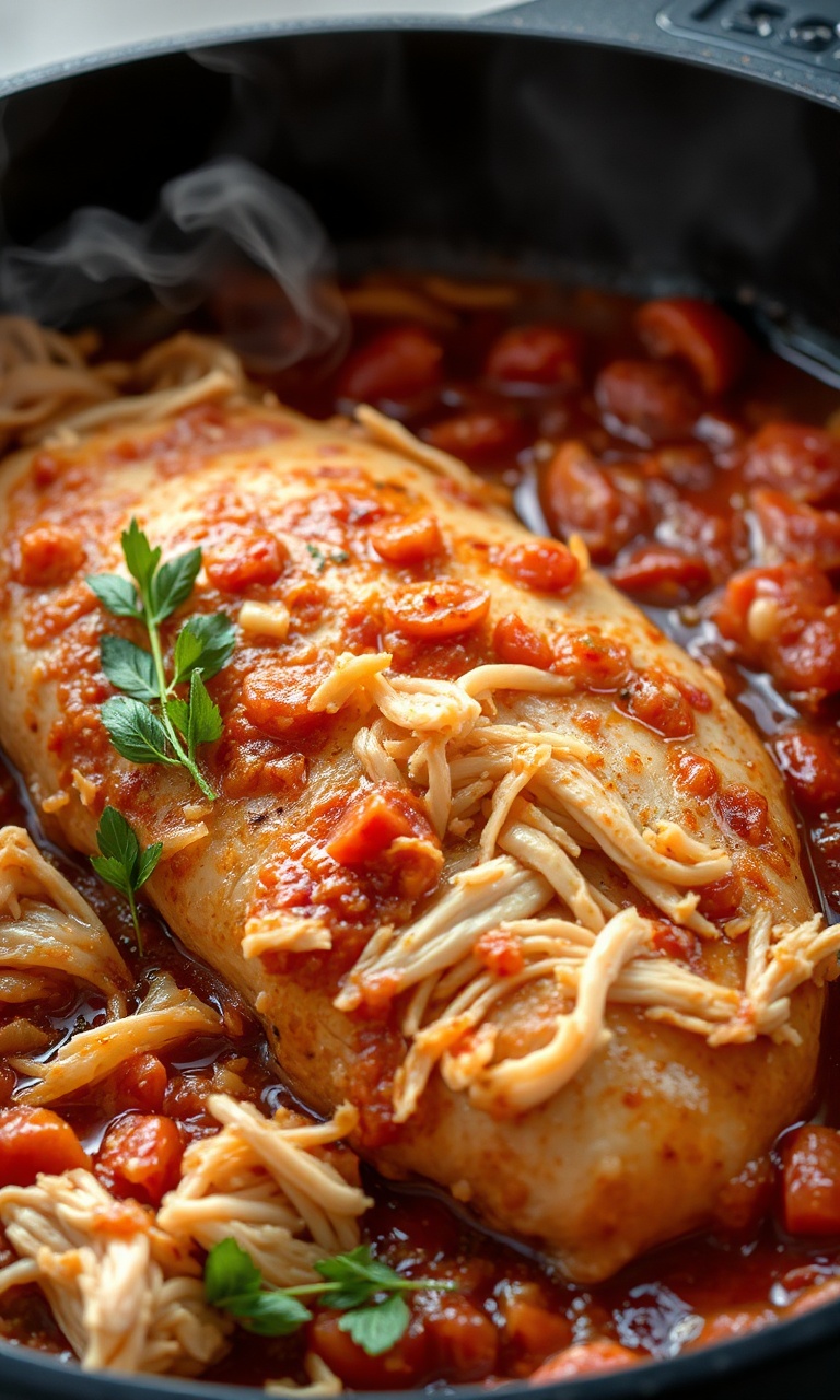 Pedaços de peito de frango dourados e suculentos em caldo aromático com tomate e cebola, prontos para desfiar