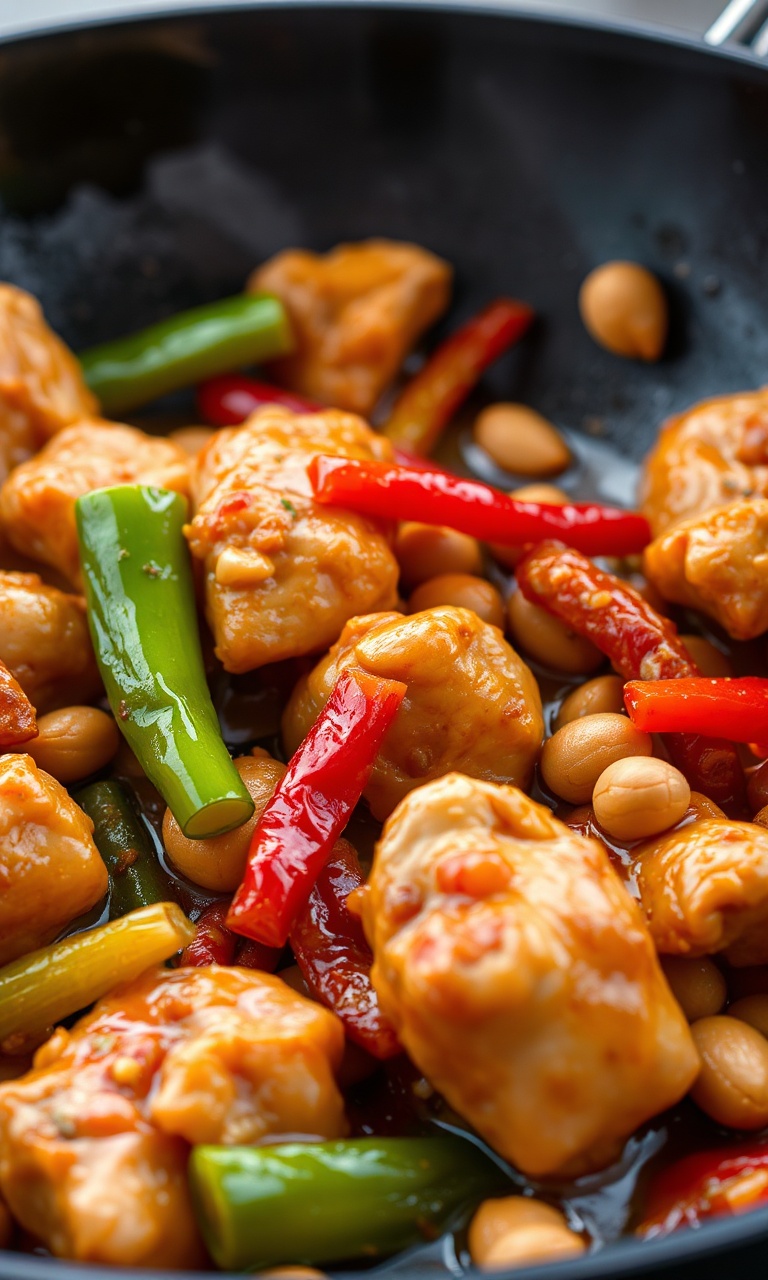 Prato finalizado de frango xadrez com molho brilhante e legumes coloridos