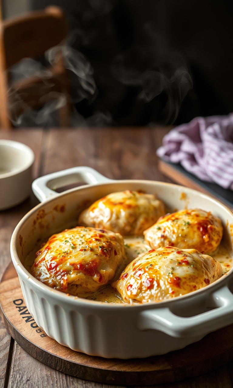Refratário com fricassê de frango coberto por uma camada dourada e borbulhante de queijo muçarela, revelando o cremoso molho de milho e frango desfiado nas bordas.