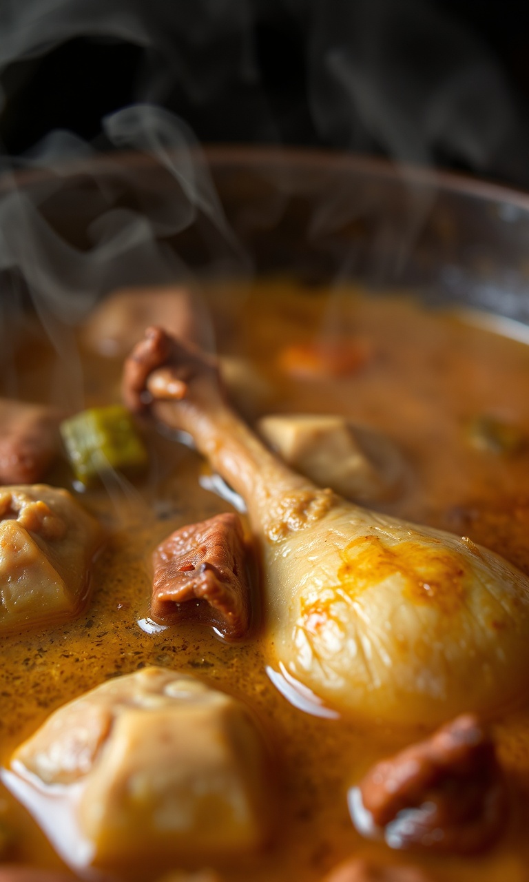 Prato fundo com galopé suculento, exibindo o caldo denso e carnes macias