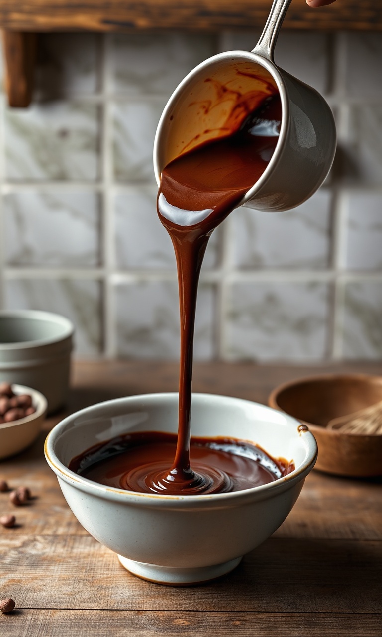 Creme de chocolate brilhante e sedoso sendo despejado em uma tigela de cerâmica clara.