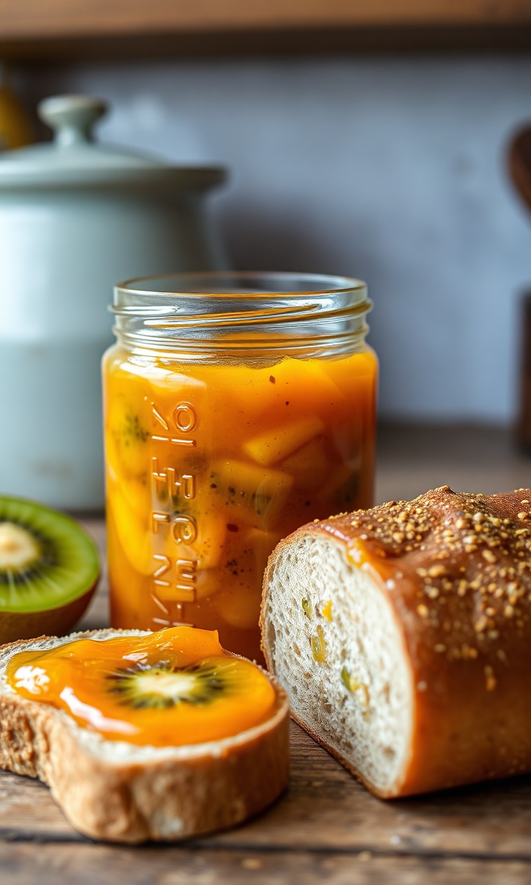 Pote de vidro com geleia de kiwi e banana, ao lado de fatia de pão integral com a geleia.