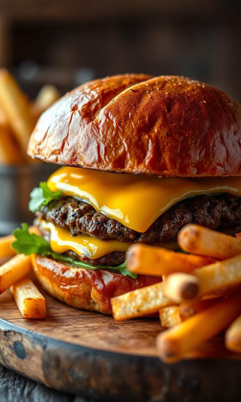 Hambúrguer suculento com queijo cheddar derretido, pão brioche dourado e batatas fritas crocantes, pronto para servir.