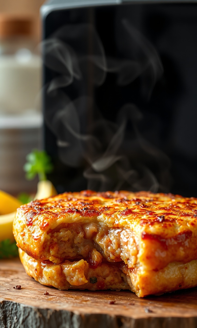 Hambúrguer caseiro com crosta dourada e uniforme, ligeiramente caramelizado nas bordas, mostrando a suculência interior.