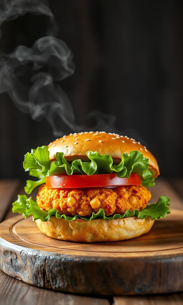 Hambúrguer vegano de grão de bico dourado em pão com alface e tomate.