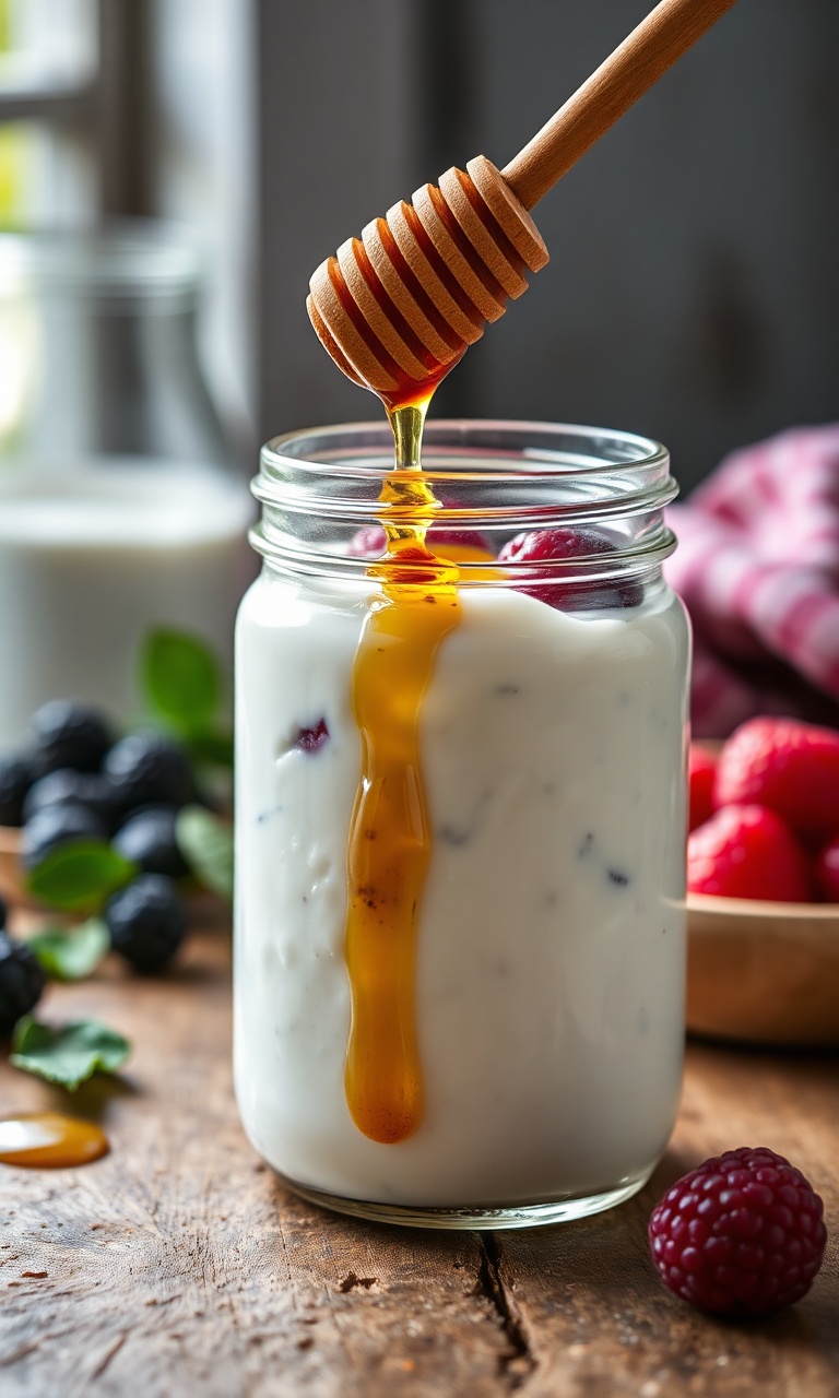 Pote de vidro com iogurte grego espesso, coberto com mel dourado e frutas vermelhas.