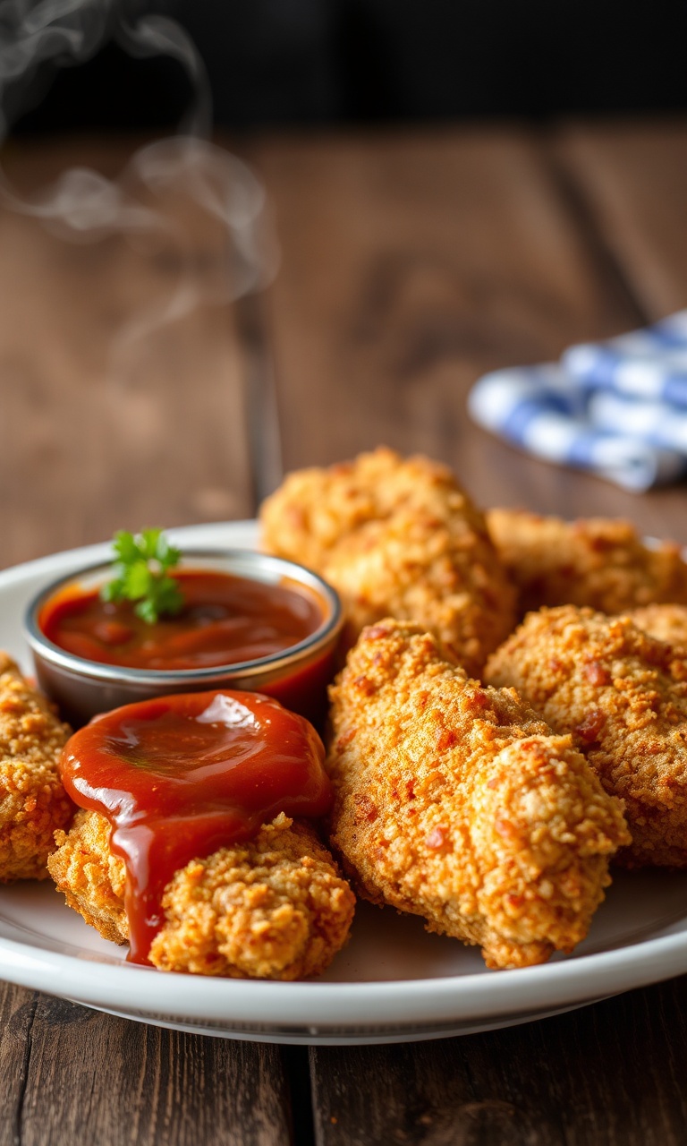 Iscas de frango douradas e crocantes com empanado Panko servidas em prato branco com molho barbecue