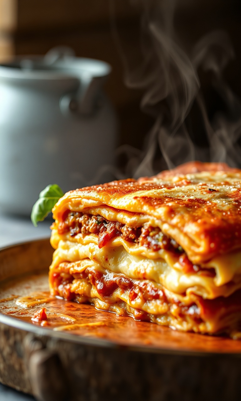 Lasanha dourada com camadas perfeitas de ragu e bechamel, fatia generosa revelando as camadas internas.