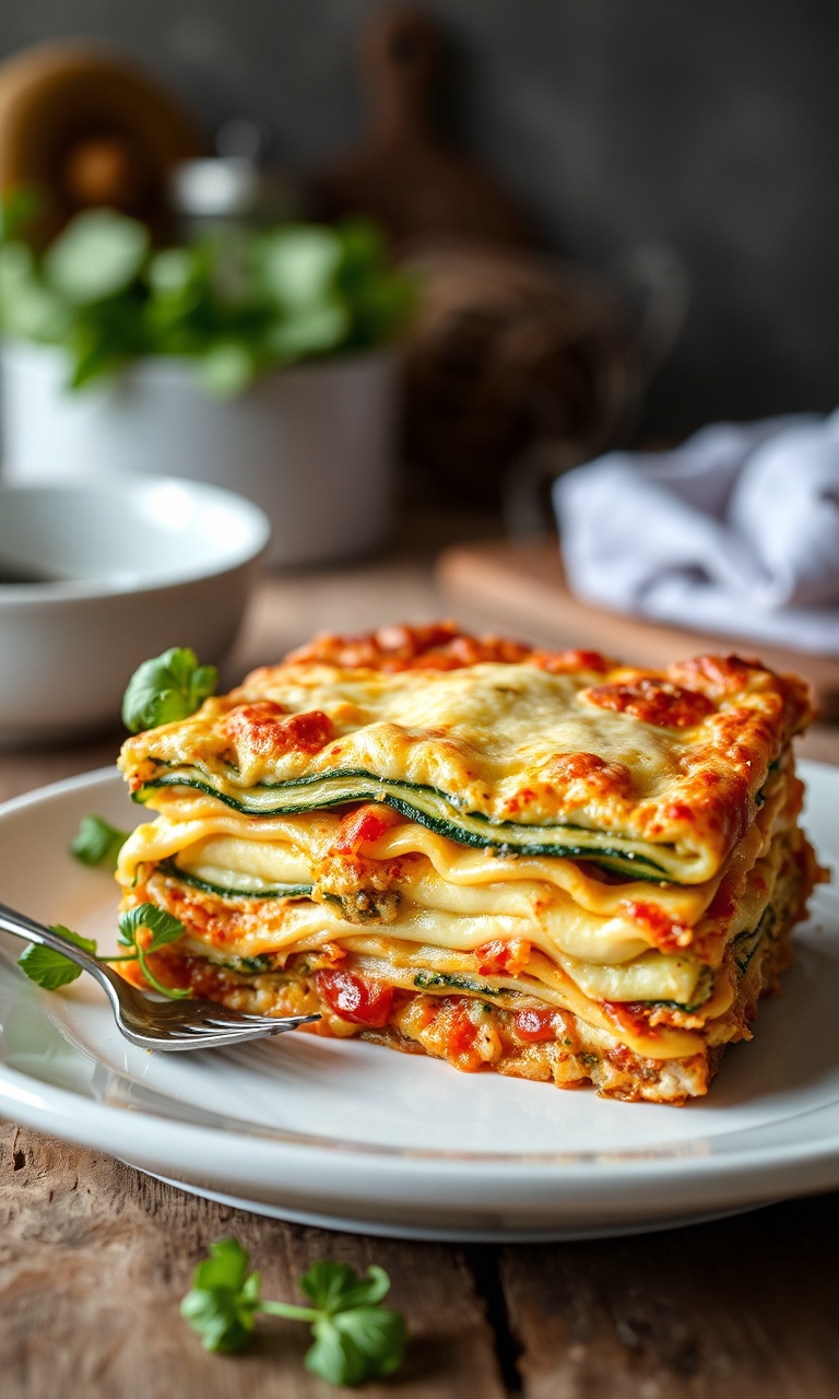 Uma fatia generosa de lasanha vegana de abobrinha servida em um prato branco, com camadas perfeitamente definidas e uma cobertura dourada.