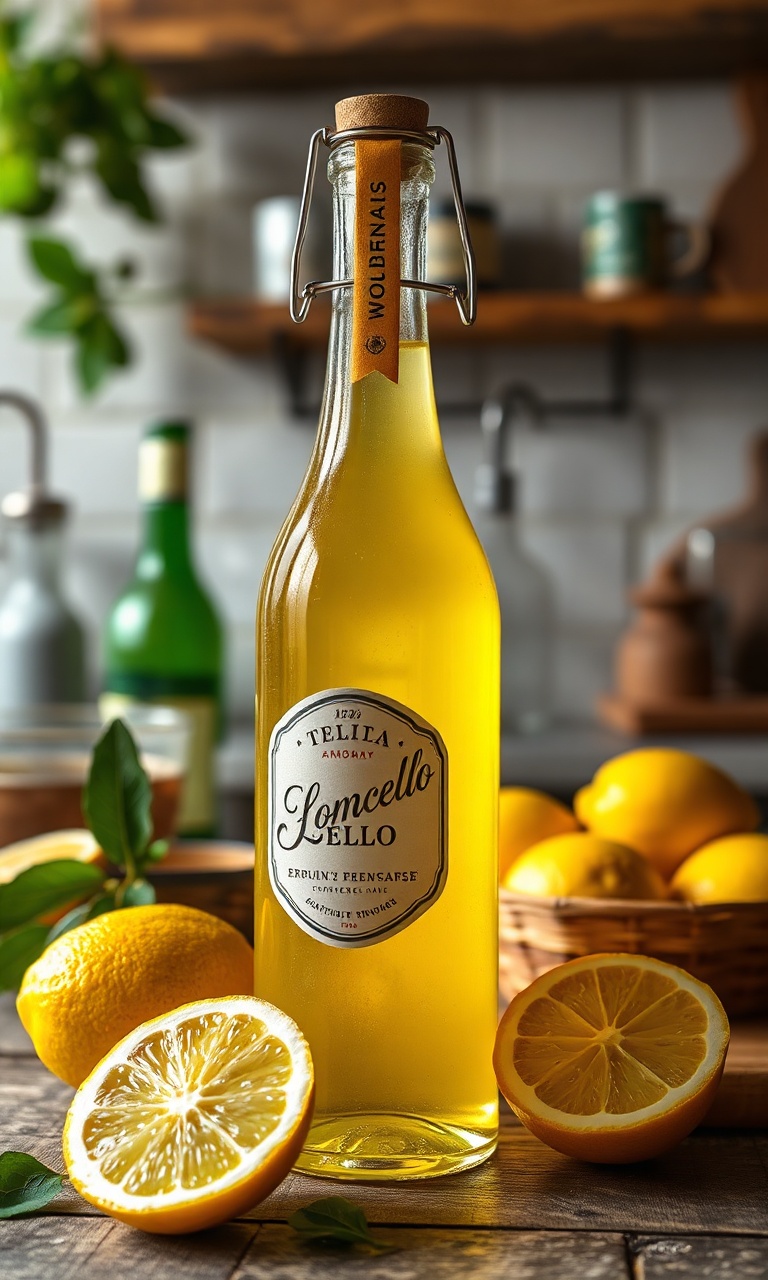 Garrafa de limoncello caseiro de cor amarelo-dourado vibrante com fatias de limão fresco