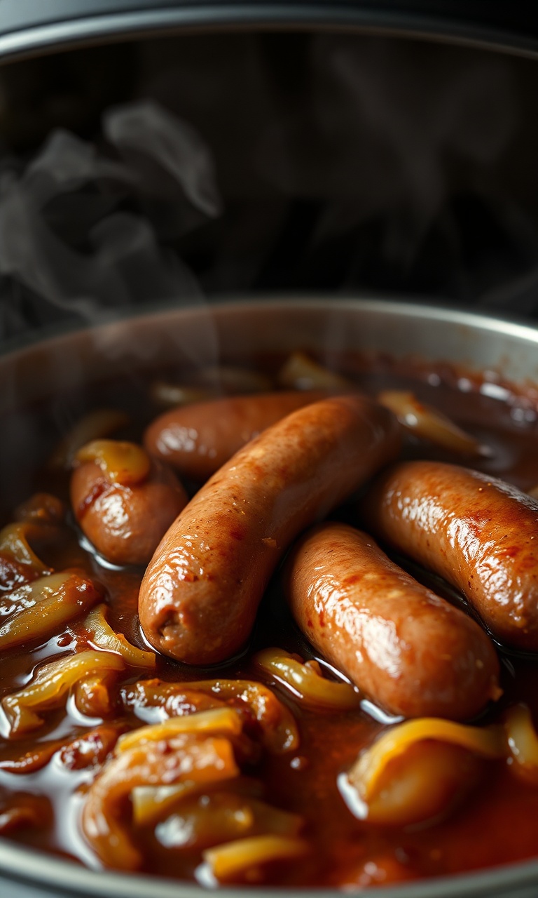 Linguiças toscanas macias sobre cebolas caramelizadas em molho escuro dentro de uma panela de pressão.