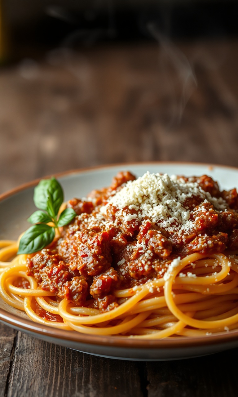 Um prato generoso de macarrão à bolonhesa tradicional, com um molho encorpado de tomate e carne cobrindo o macarrão, finalizado com parmesão ralado.