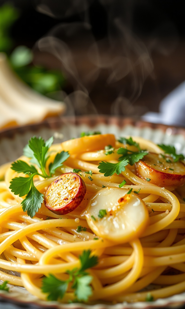 Espaguete al dente envolvido em emulsão cremosa de azeite, com fatias de alho dourado e salsinha fresca.