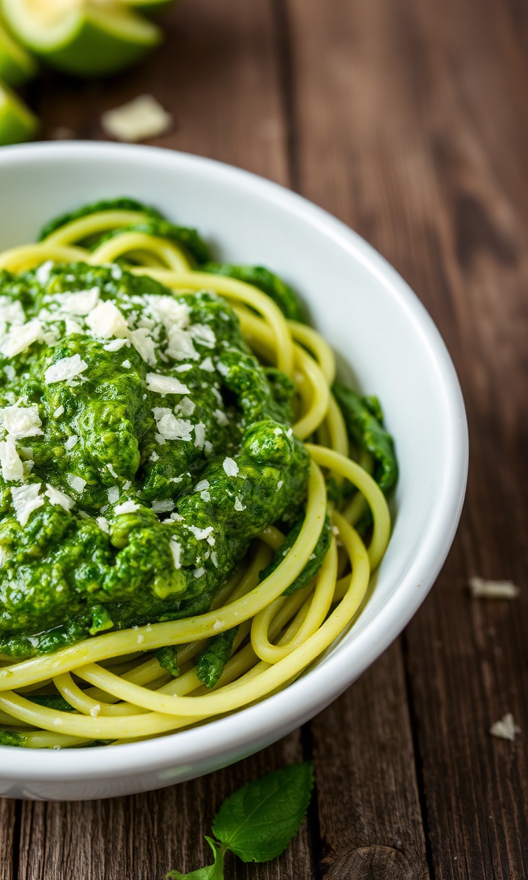 Macarrão de abobrinha com pesto cremoso e lascas de parmesão em um prato elegante.