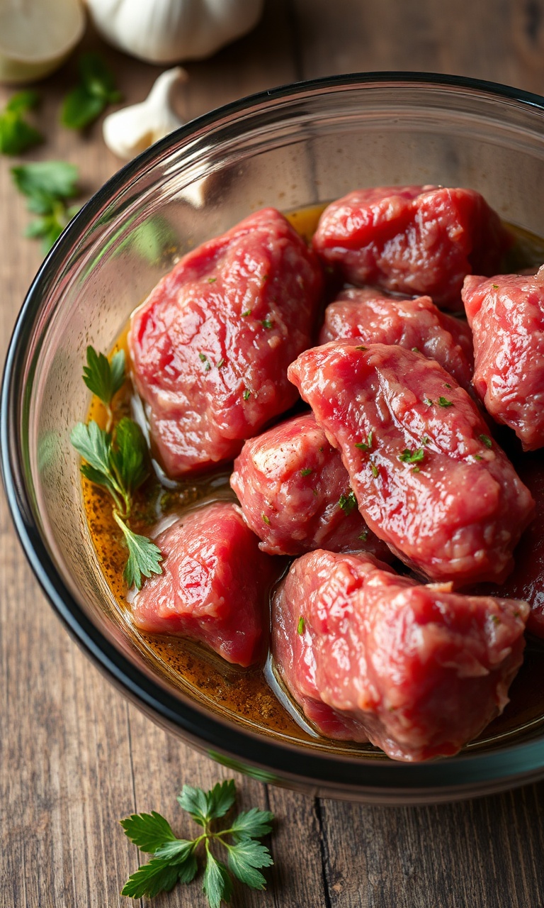 Cortes de carne de segunda marinando em uma tigela de vidro com ervas e alho sobre mesa de madeira.