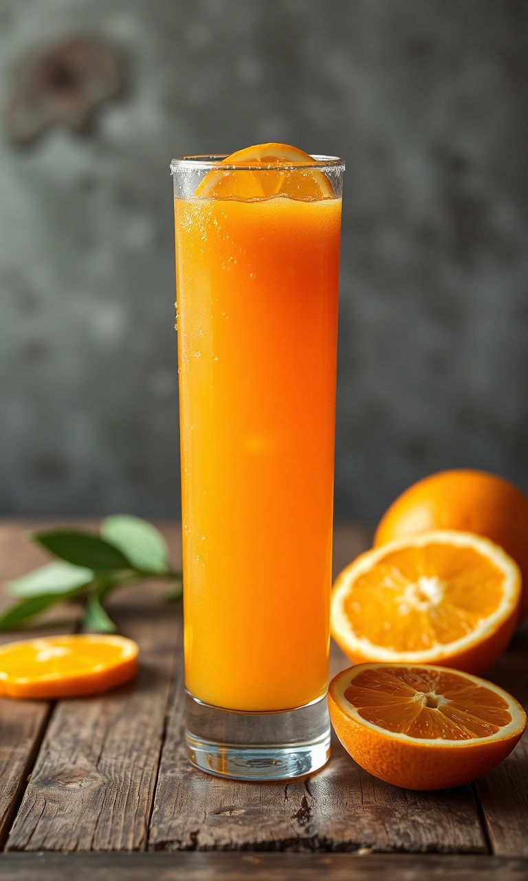 Um copo alto de suco de laranja vibrante com gotas de condensação.