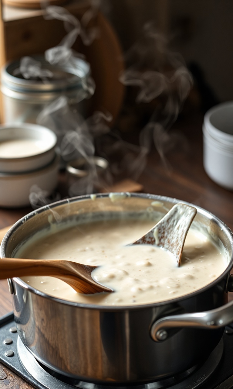 Molho branco cremoso e homogêneo em uma panela de aço inoxidável, com uma colher de pau.