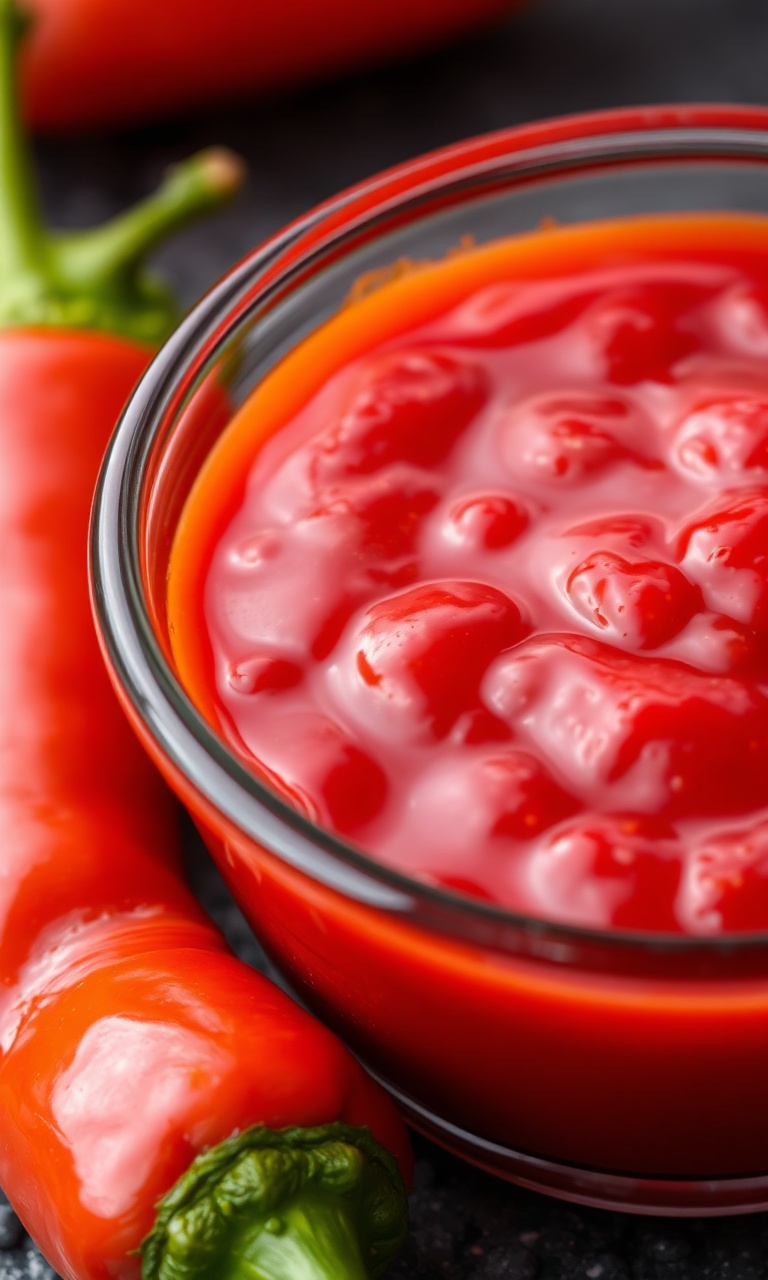Molho chilli vermelho intenso com textura aveludada e brilho acetinado
