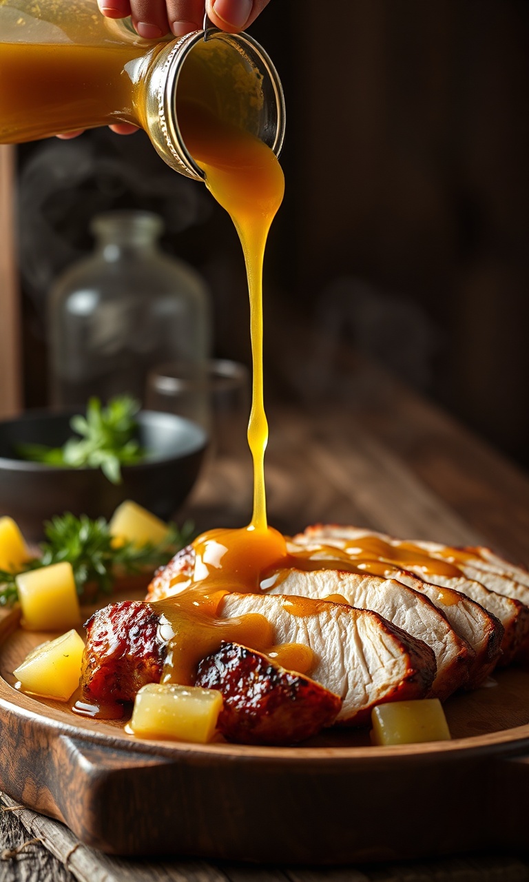 Molho dourado de abacaxi sendo despejado sobre fatias de pernil assado em mesa rústica