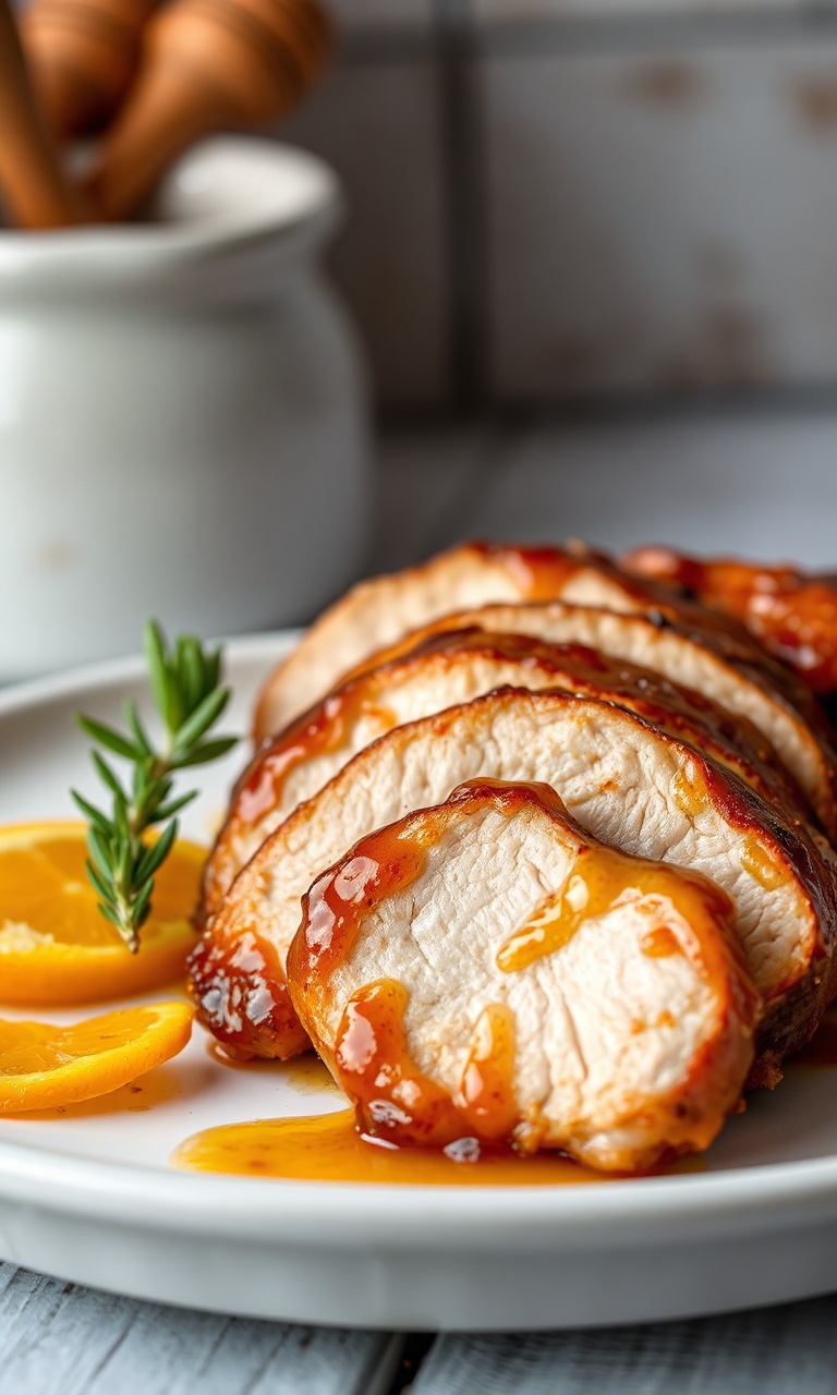 Tender fatiado coberto por molho brilhante de laranja e mel caramelizado